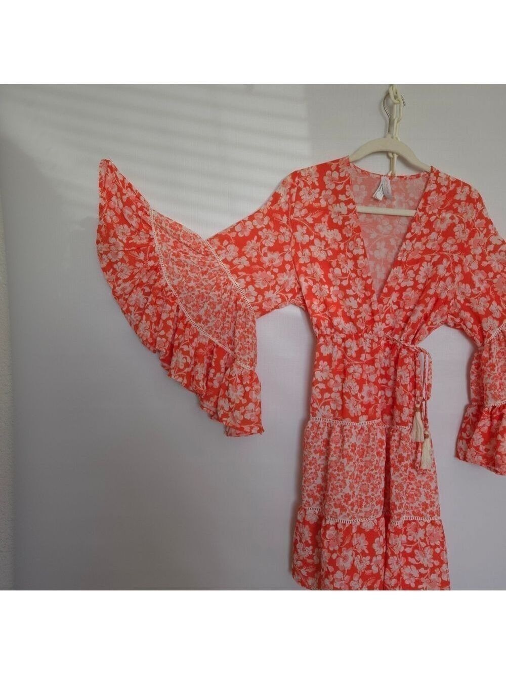 COSITA LINDA FULL WRAP DRESS BEACHWEAR ORANGE WHITE RUFFLES FLOWY BOHO SZ MEDIUM - Picture 6 of 15